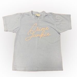 Authentic Crime Junkie T-Shirt NEW Size Medium Baby Blue w/Peach/Pink writing